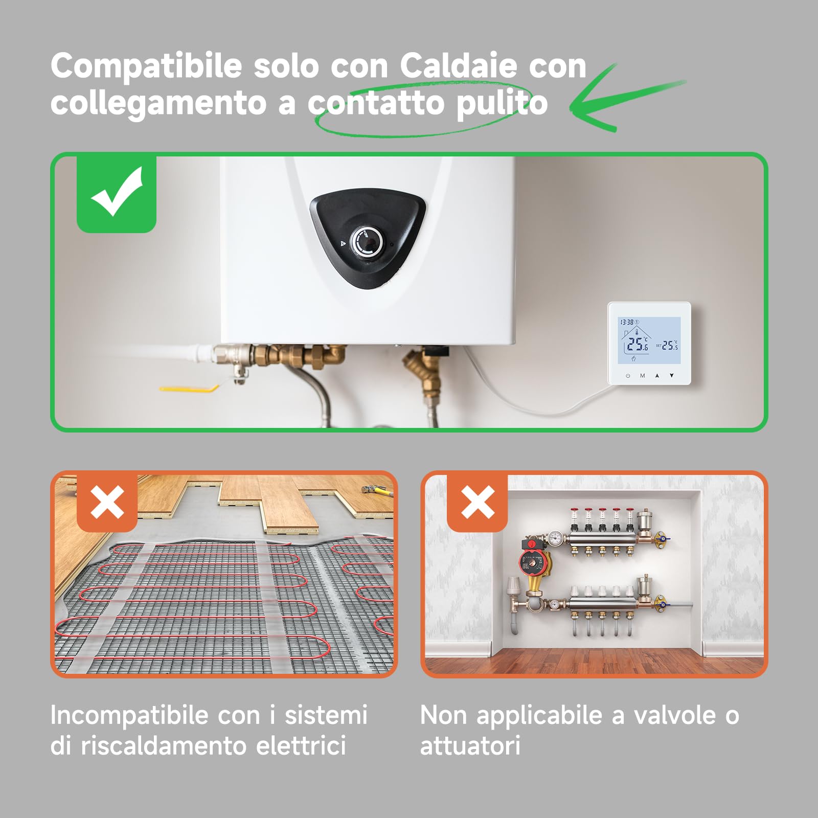 Termostato a batteria a 2 fili Beok, Termostato digitale ambiente per caldaia,Cronotermostato a batteria(NO WIFI), Termostato a parete programmati settimanalmente Per caldaie a contatto pulito BOT-R6W