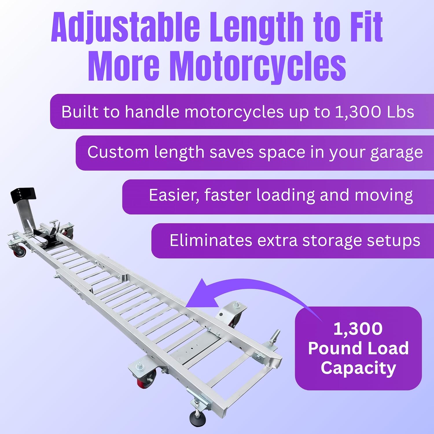 The USA Trailer Store Talon Motorcycle Garage Dolly an Aluminum and Steel Adjustable Bike Mover with an Integrated Wheel Chock - 1,300 Pound Load Capacity