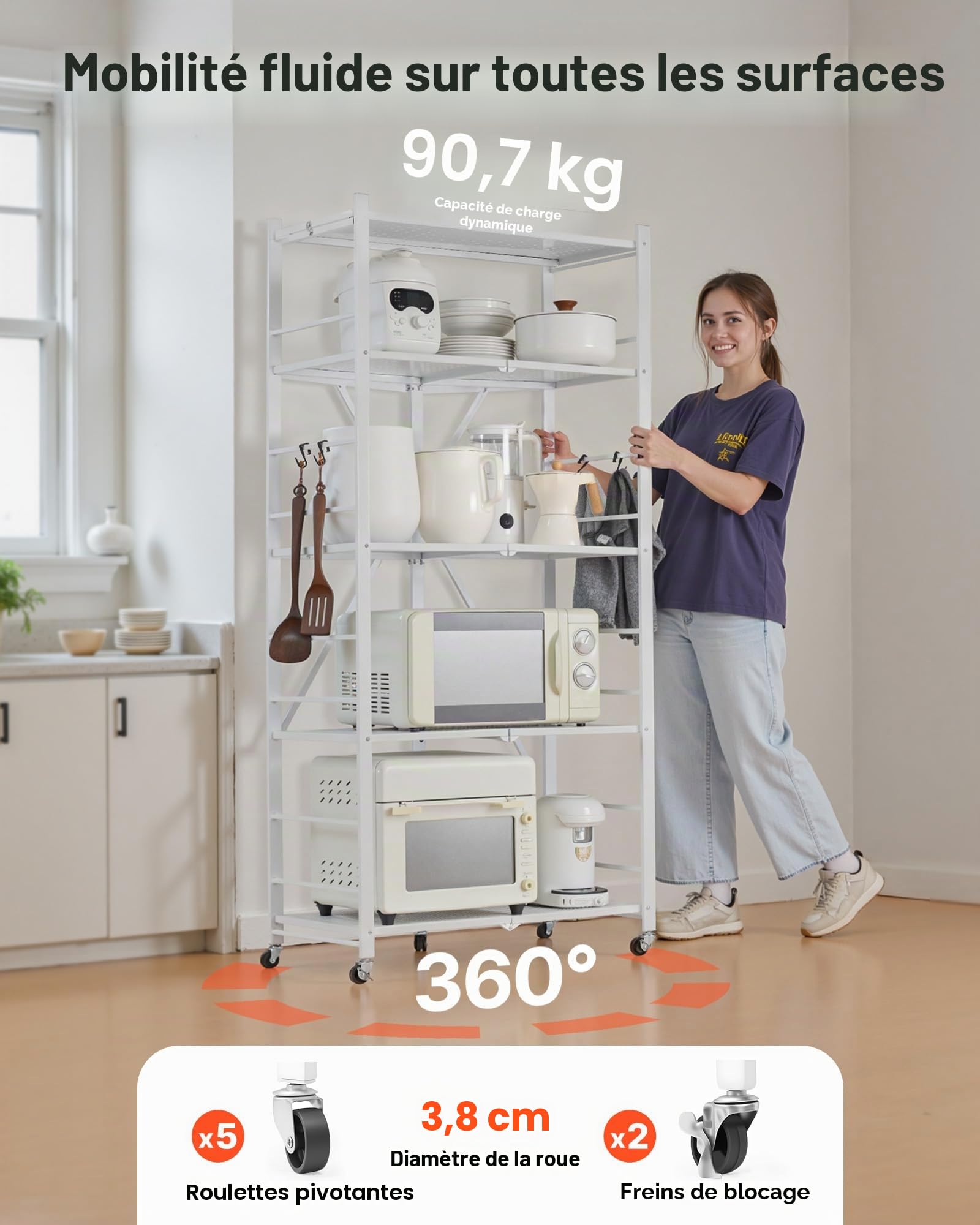 VEVOR Étagère Pliante Mobile, 5 Niveaux, Étagère Pliante à roulettes, 71x38x163 cm, Métal Robuste, Charge Statique 340 kg Dynamique 90,7 kg, Meuble de Rangement pour Garage, Cuisine, sous-Sol, Blanc