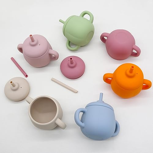 Miniatura 6 de Rayshie Vasos de alimentación para bebés con pajita, vasos de aprendizaje de 6.9 fl oz a prueba de derrames, silicona de grado alimenticio con taza