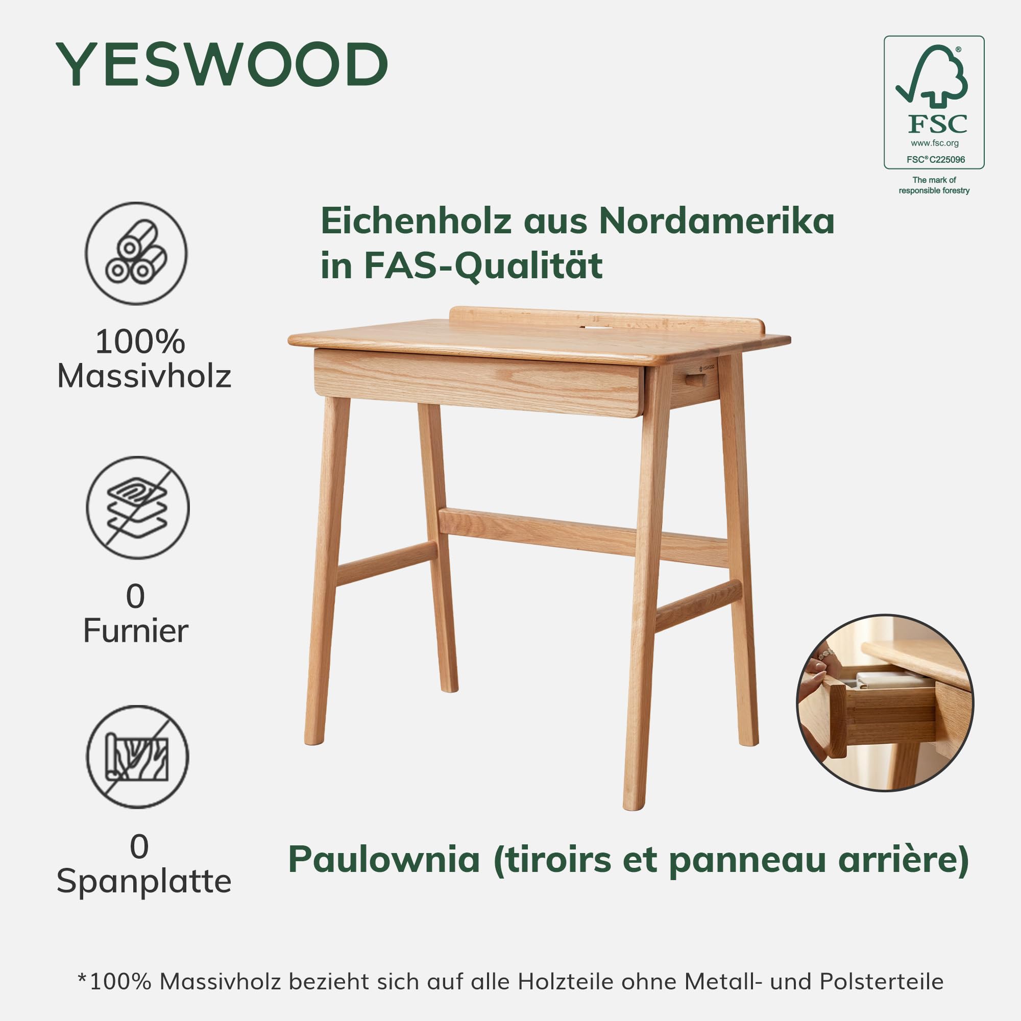 YESWOOD Kleiner Schreibtisch Massivholz mit schubladen,80X48X78CM