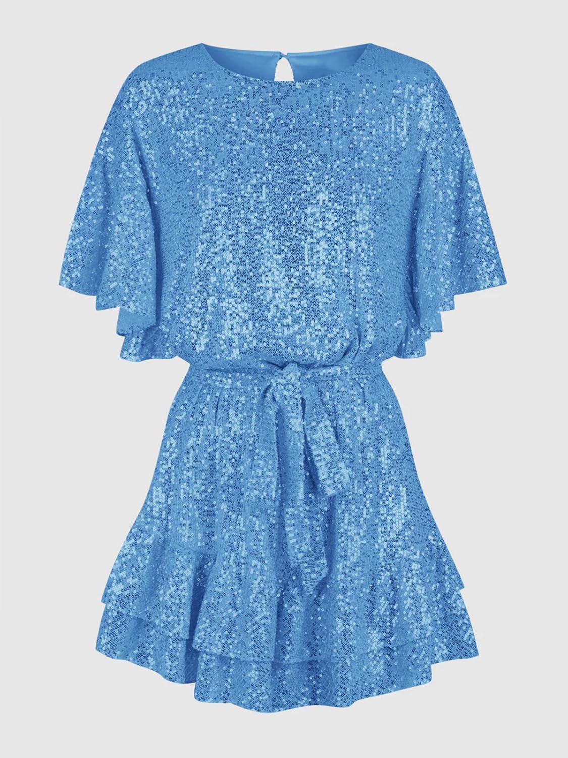 Batermoon Girls' Sequin Dress Crew Neck Bat Sleeve Ruffle Party Wedding Flower Dress with Belt for 5-14 Years - Image 5