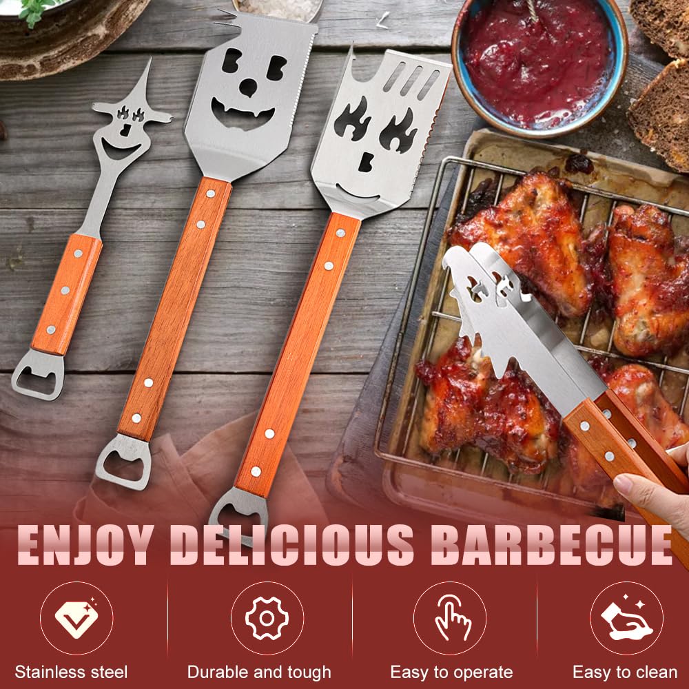 Accessori BBQ, Set Barbecue, Multifunzionali Kit Attrezzi Barbecue, con Maniglia in Legno, Coltello e Forcello, Sega, Regalo Uomo, Regali per Papà Giornata del Padre (4 Pezzi, ABCD)
