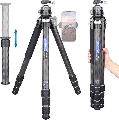 Trípode de fibra de carbono resistente CS85C con bola de arco de 2.047 in, cabeza de trípode de perfil bajo, soporte de cámara de viaje compacto y