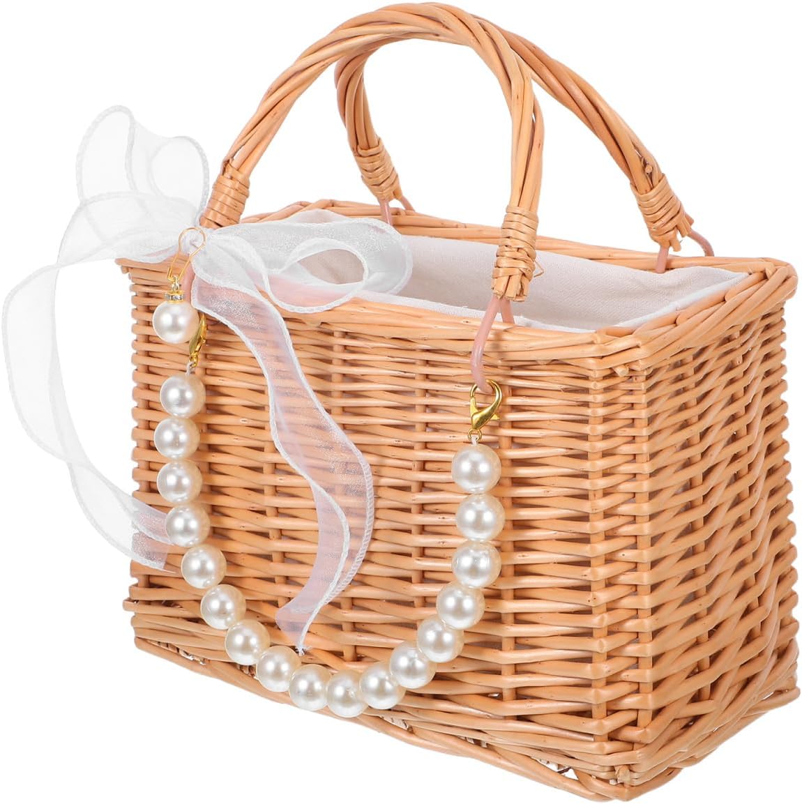 PRETYZOOM Flower Girl Basket with Ribbon Bow and Pearl Chain - Woven Small Handbag for Wedding Ceremony Party Decoration and Home Storage 9.84X9.05X5.11 Inches