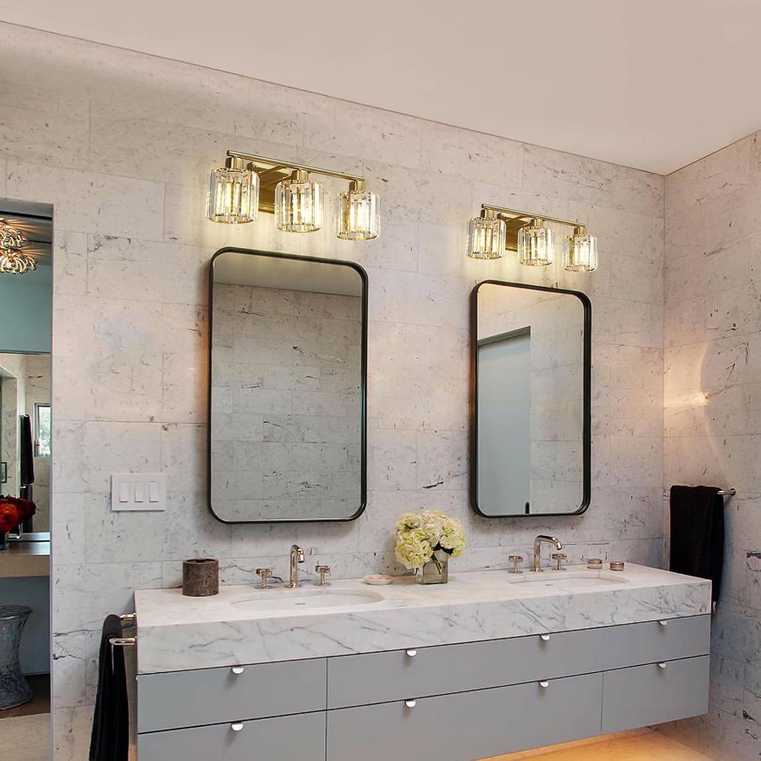 3 Lights Bathroom Vanity Light Fixtures, Modern Crystal Wall Lighting Fixtures, Wall Sconces, Wall Lamp for Over Mirror, for Bedroom Living Room Hallway