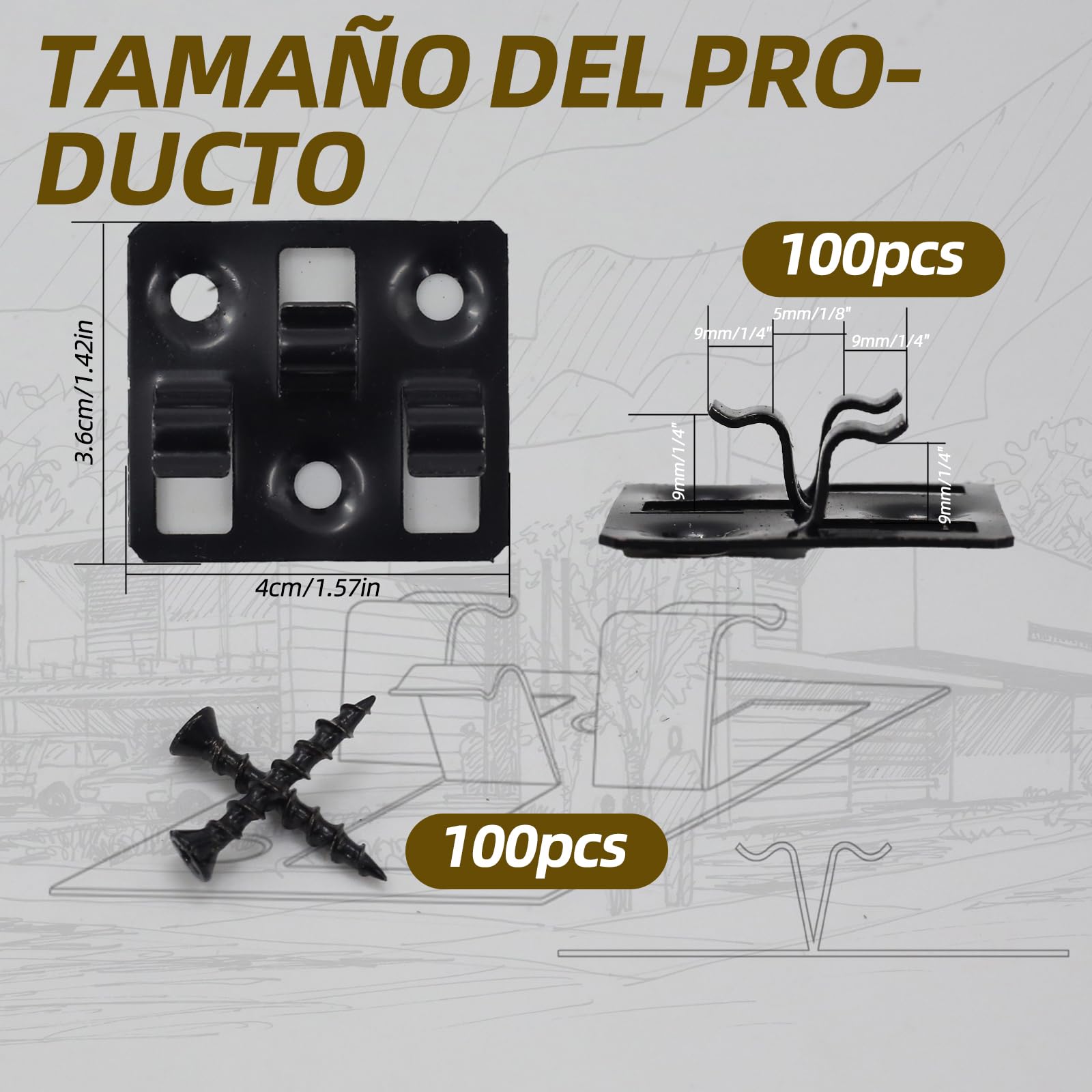 Clips de suelo WPC, fijaciones ocultas de acero inoxidable, adecuados para baldosas de suelo WPC y BPC, fijaciones de suelo de fácil montaje (100 clips, 100 tornillos, negro) (ranura de 5 mm de ancho