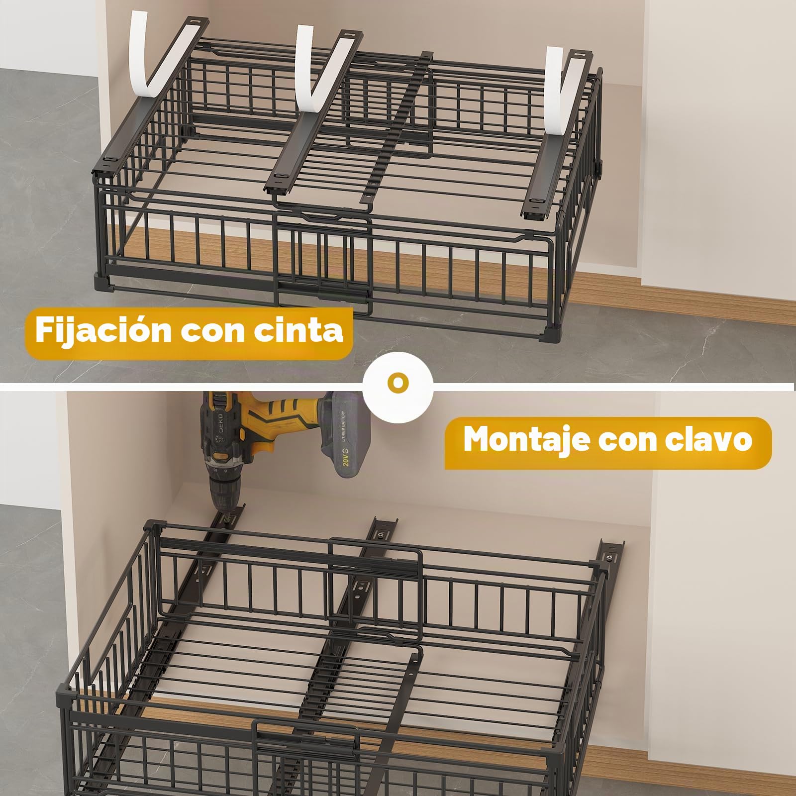NETEL Paquete de 2 Cajones Extraíbles para Cocina, Cajón Telescópico Sin Taladrar, Fijación Autoadhesiva o con Tornillos, Largo Ajustable 33-51 x Fondo 38 x Alto 17 cm, Negro