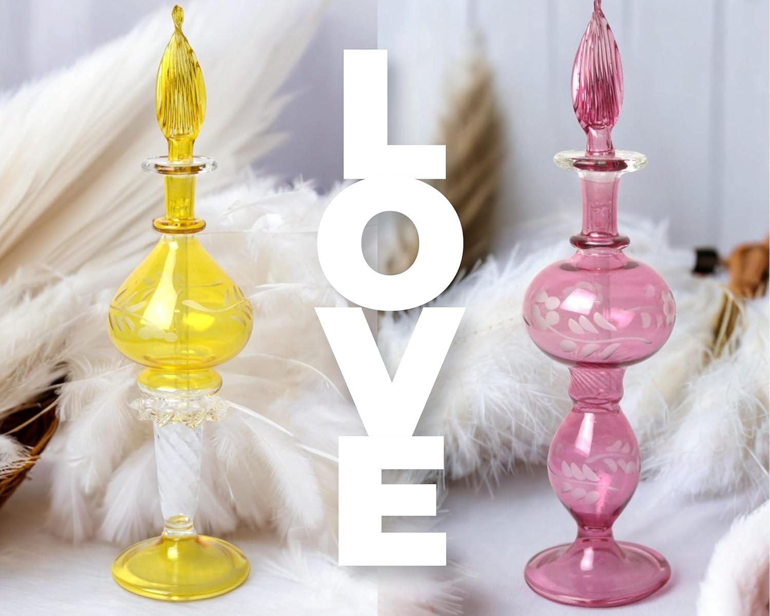 Set of 2 Handmade Blown Glass Perfume Bottles | Refillable Fragrance Bottles for Essential Oils & Small Decanters | Decorative Pink & Yellow Design | Vanity Accessories