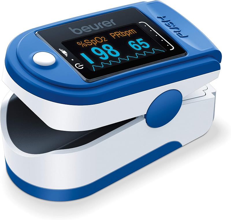 Beurer PO50 Fingertip Pulse Oximeter | Blood Oxygen Saturation & Heart Rate Monitor | 4 Colored Graphic Display Formats | Extra-Small & Light | Strap & Batteries Included