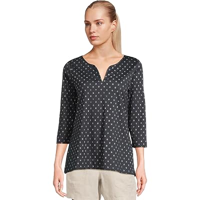 L.L.Bean Pima Tops Split-Neck Tunic 3/4 Sleeve Print classic navy/cream dot