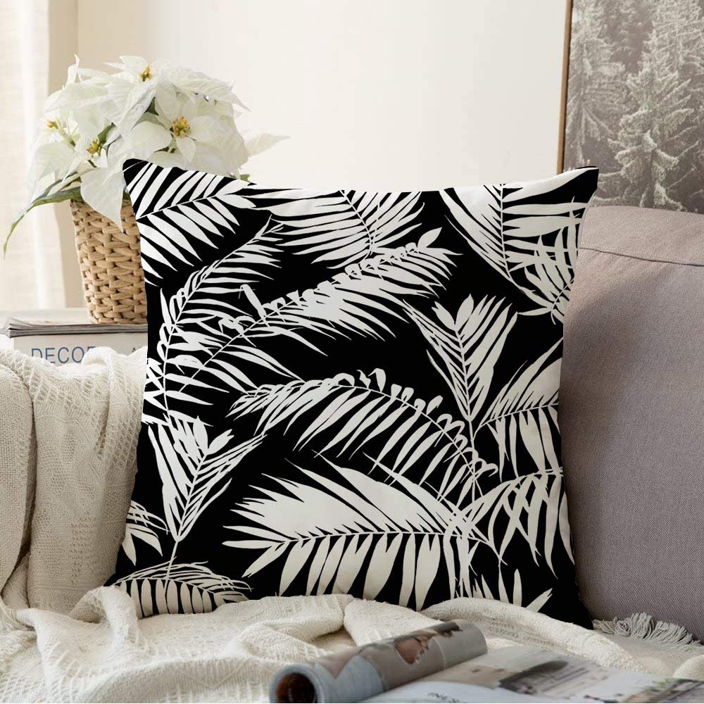 Starocha Throw Pillow Covers for Couch Sofa Bedding Black White Palm Leaves Pattern Exotic Plant Floral Trendy Leaf Beauty Fashion Textures Foliage Decorative Pillows Cushion Case 18x18 Inch