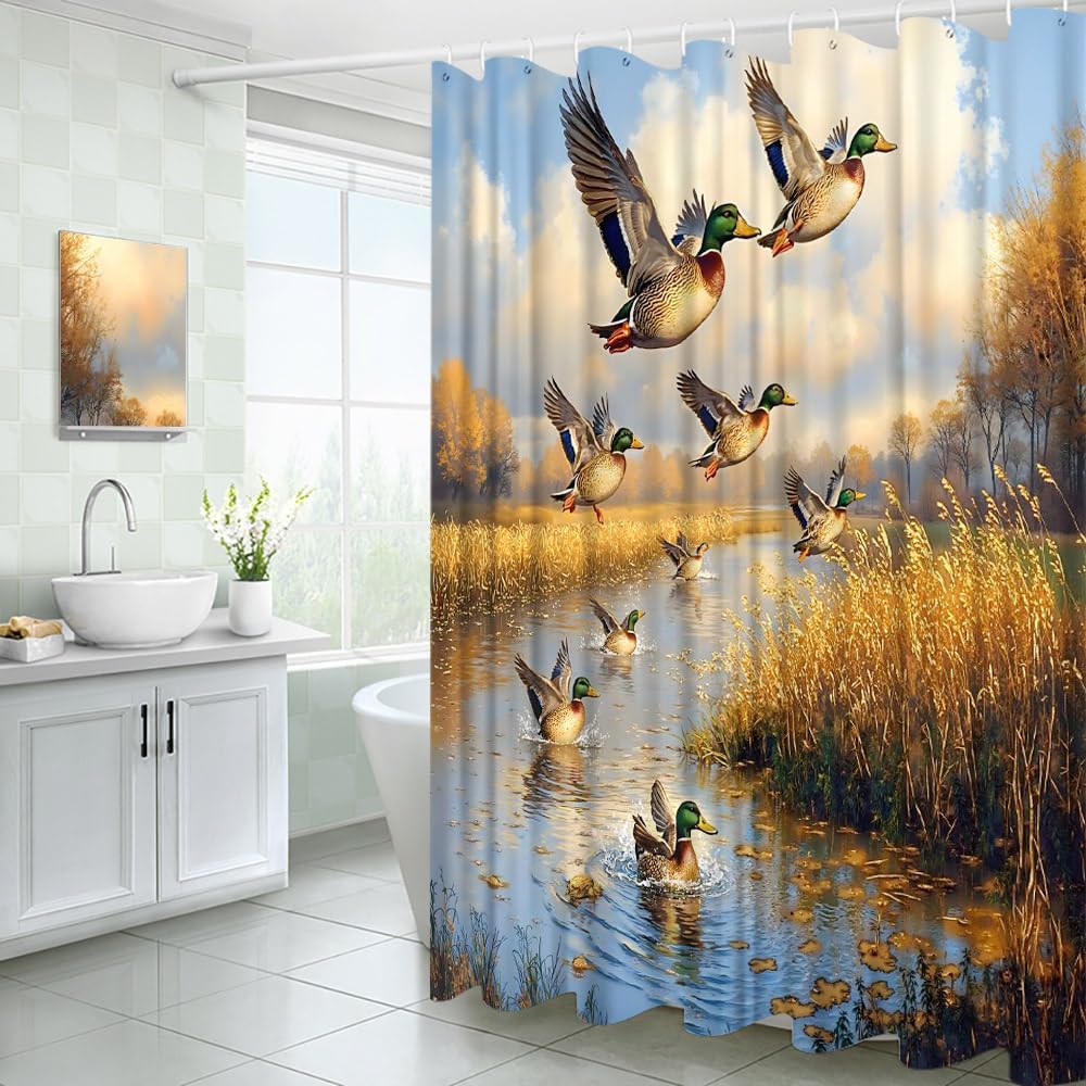 Hunting Flying Wild Ducks Shower Curtain Wild Animals Rustic Farmhouse Fabric Bathroom Decor Curtains with Hooks, 70" Wx84 H