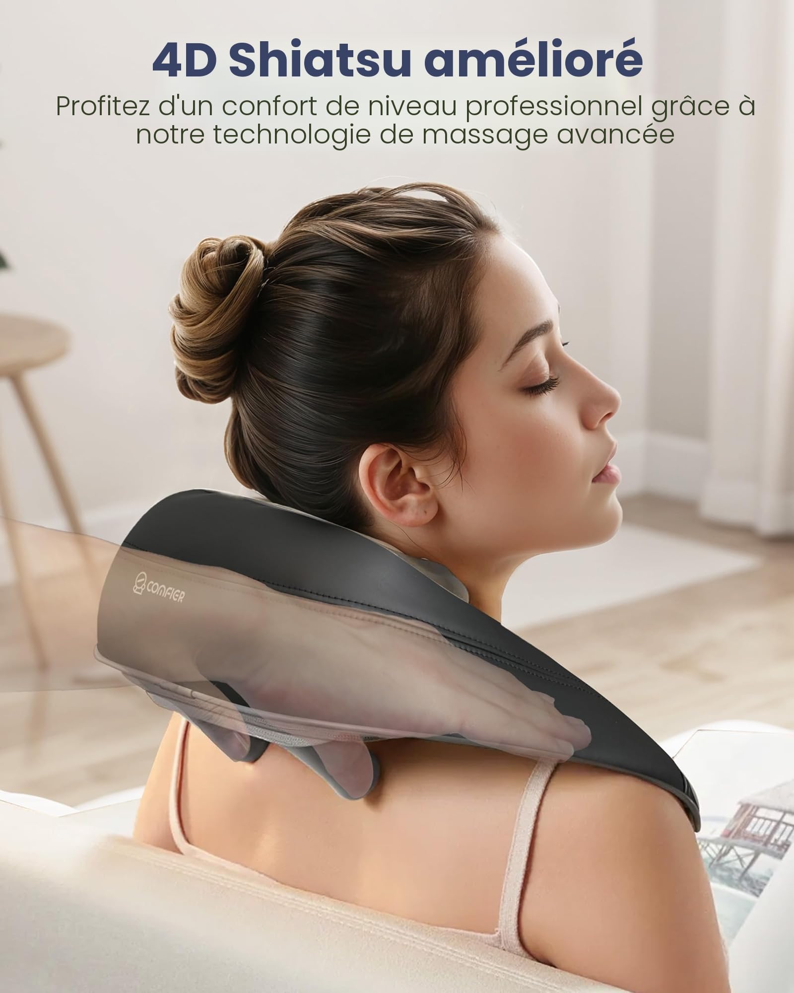 COMFIER Masseur 4D pour le cou et les épaules avec chaleur, masseur dorsal sans fil pour soulager la douleur, oreiller de massage mains libres Shiatsu, cadeau pour maman papa