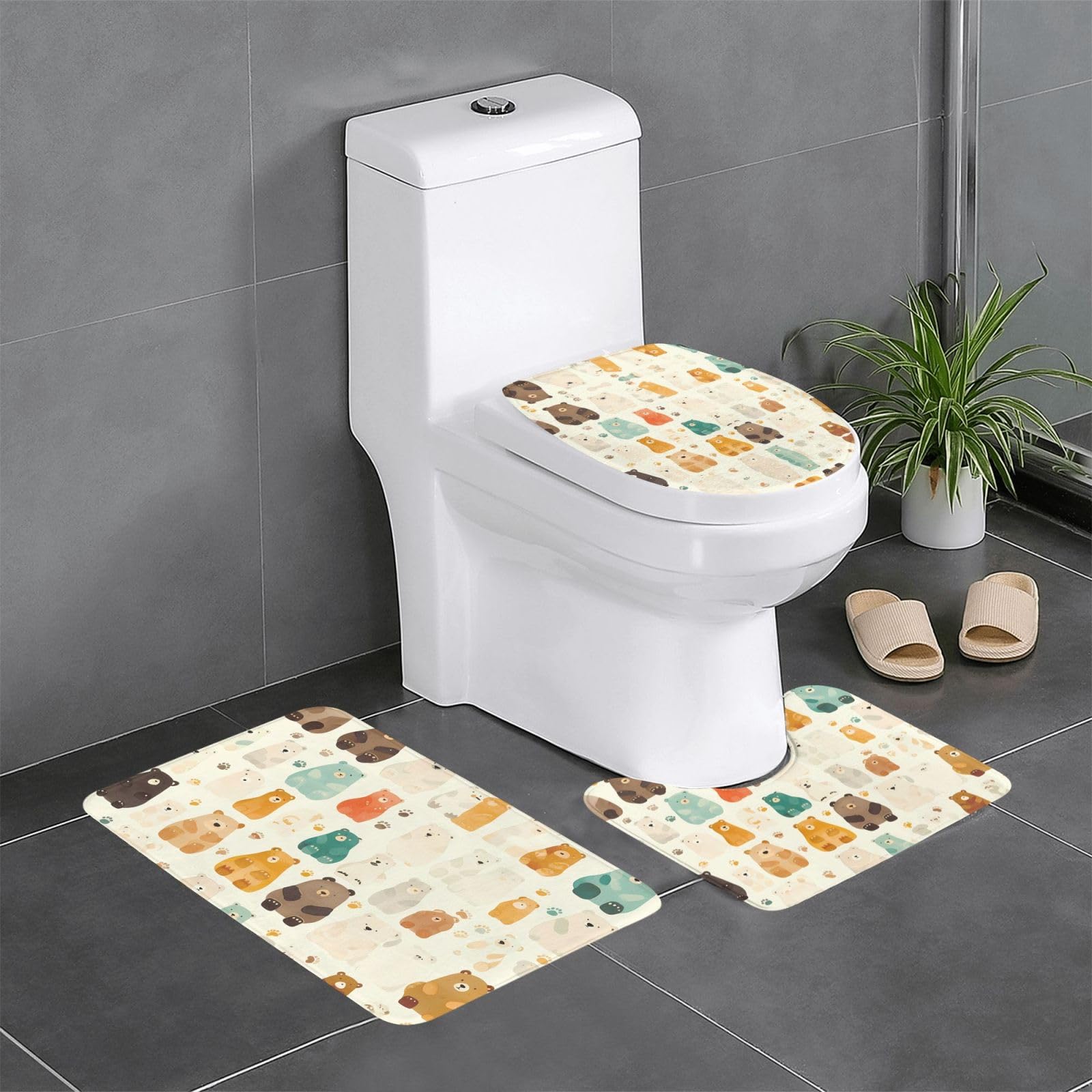 Tapis de salle de bain antidérapants lot de 3 avec motif ours blanc pour WC et coiffeuse