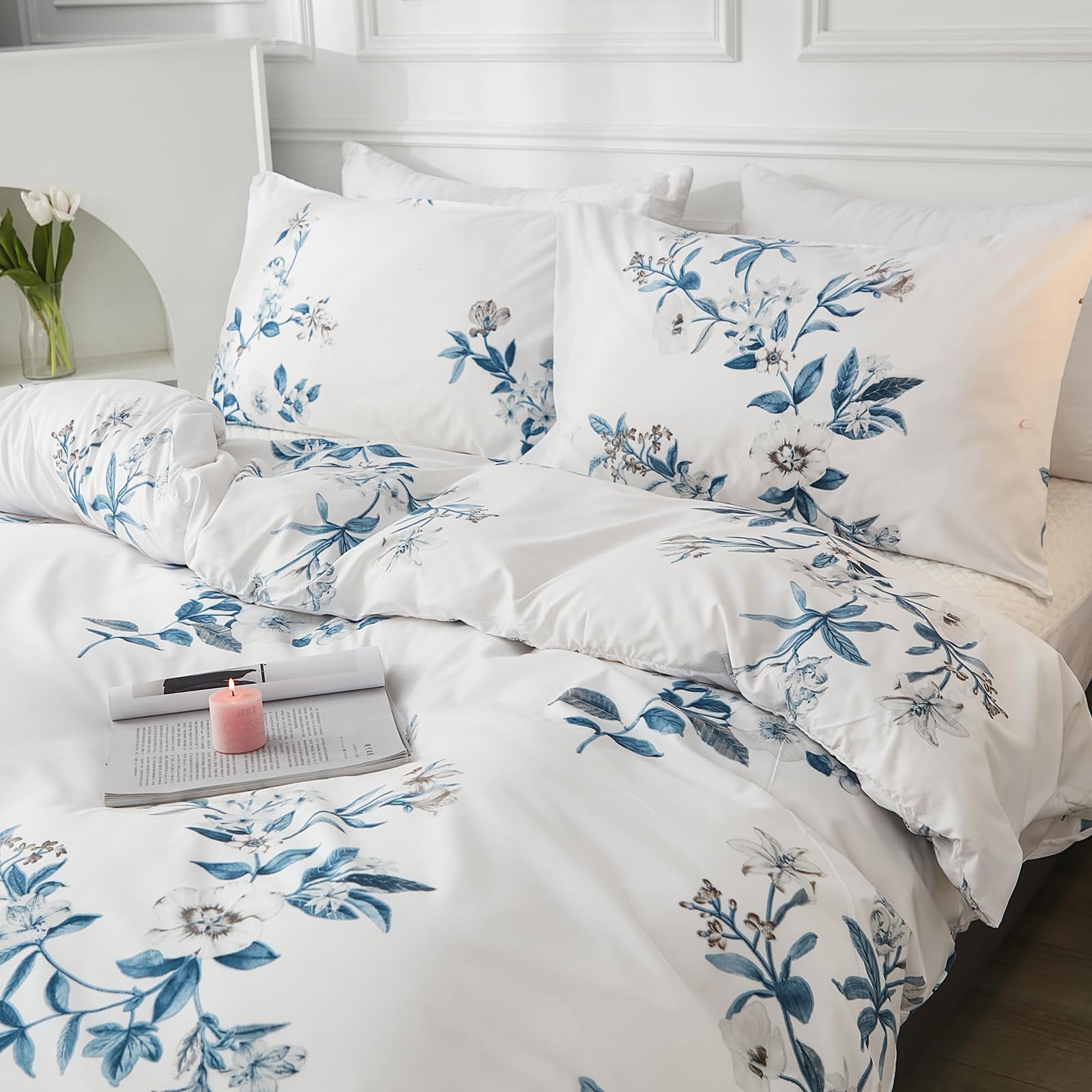 Herside Flowers Duvet Cover Set King Blue White Floral Bedding Blue Pink Flowers Printed Country Style Bedding Sets 1 Microfibre Quilt Cover 2 Pillowcases (Blue, King), TJ-YHTW-001