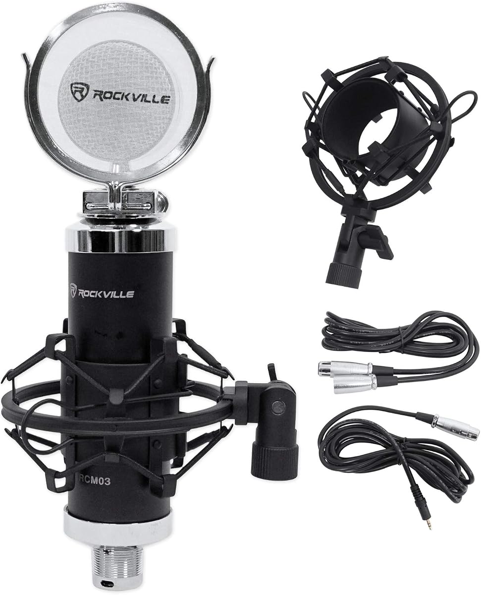 Rockville RCM03 Pro Studio Recording Condenser Mic with Metal Shock Mount | Cardioid, 16mm Diaphragm, Aluminum Body, Includes XLR and 3.5mm Cables, 48V Phantom Power, Lollipop Style