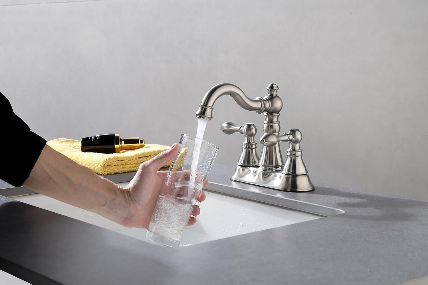 Two Handle Brushed Nickel Bathroom Faucet 3 Hole with Plastic Overflow Pop-Up Drain,Swivel Spout Bathroom Sink Faucet 4 Inch Centerset,Meets cUPC NSF 61-9 AB1953,F-0048-BN