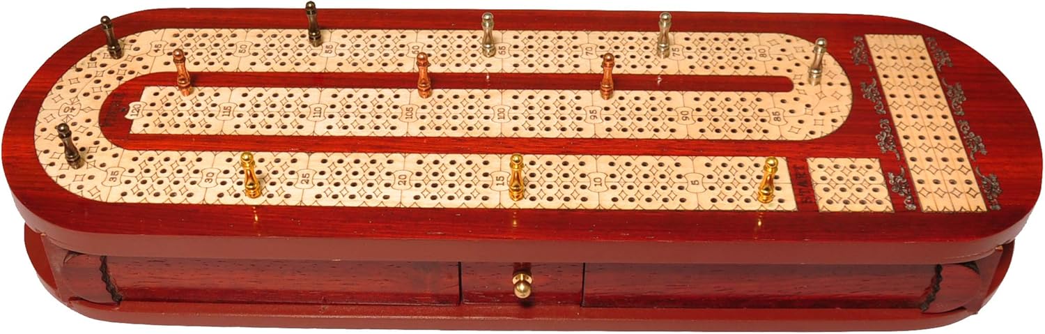Palm Royal Handicrafts 4 Player Wooden Cribbage Board Game Set - Alphabet E Shaped Track - Bloodwood & Maplewood - 15 x 5 Inches