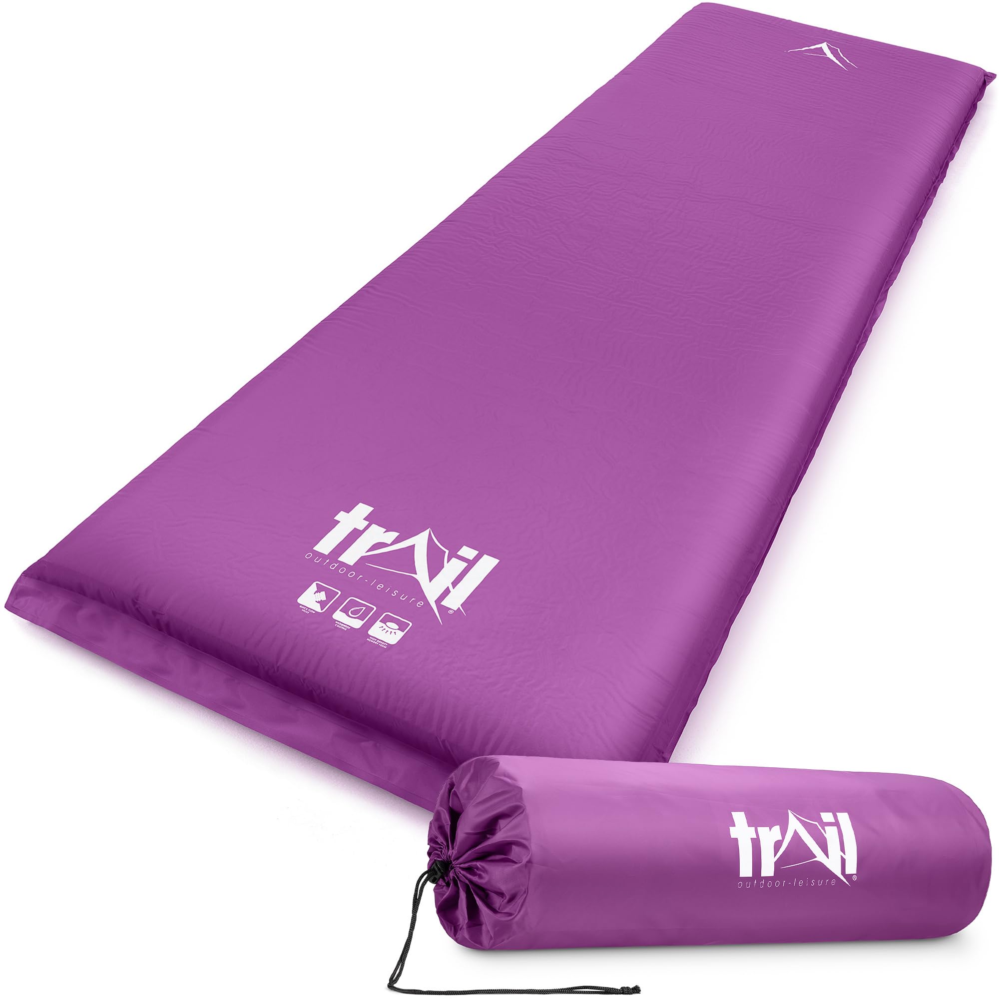Trail Extra Wide Self Inflating Sleeping Mat for Camping (L186cm x W65cm), Extra Thick 10cm Memory Foam Core, Lightweight Inflatable Outdoor Sleeping Mattress, Roll Straps & Storage Bag (Purple)
