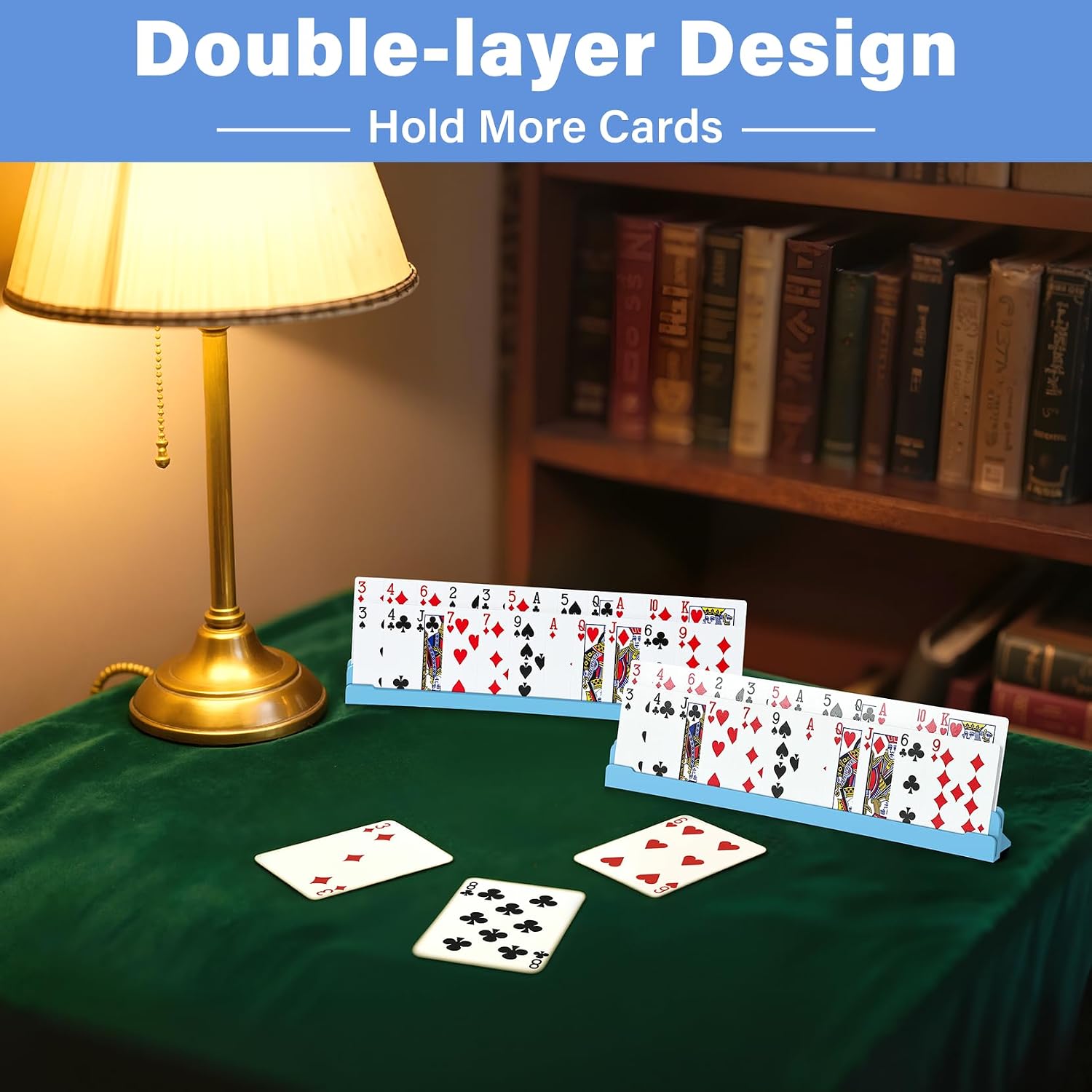 Set of 2 Playing Cards Holders for Seniors Adults – Multi-layer Curved Holders with Foldable Stand for Playing Cards Game Bridge Canasta Strategy Foot and Hand UNO, 2 Blue, for Holidays Game Nights