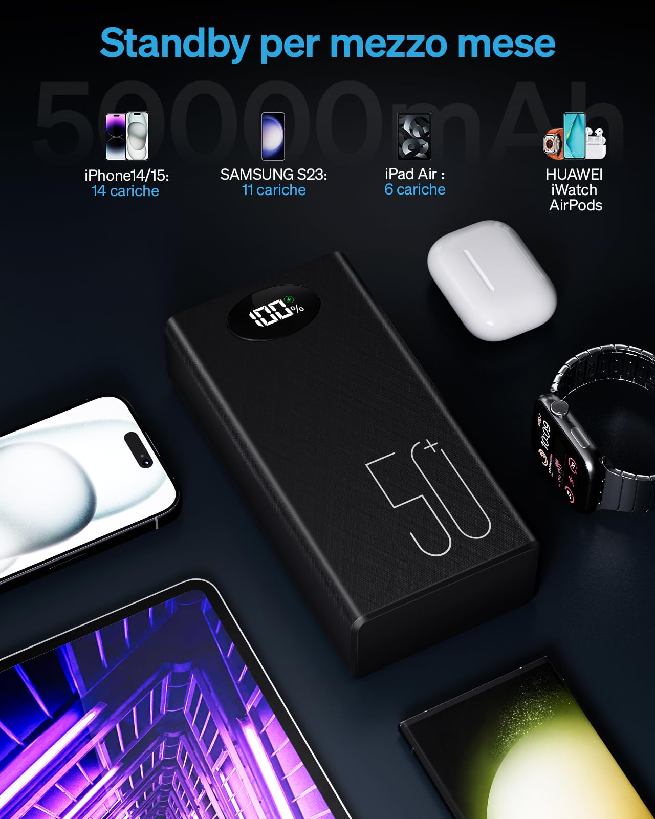 50000mAh Power Bank con cavo integrato: batteria esterna da 22,5 W a ricarica rapida con grande capacità, caricatore portatile con torcia a LED e 7 uscite e 3 ingressi-50000mAh Lettore MP3 touchscreen