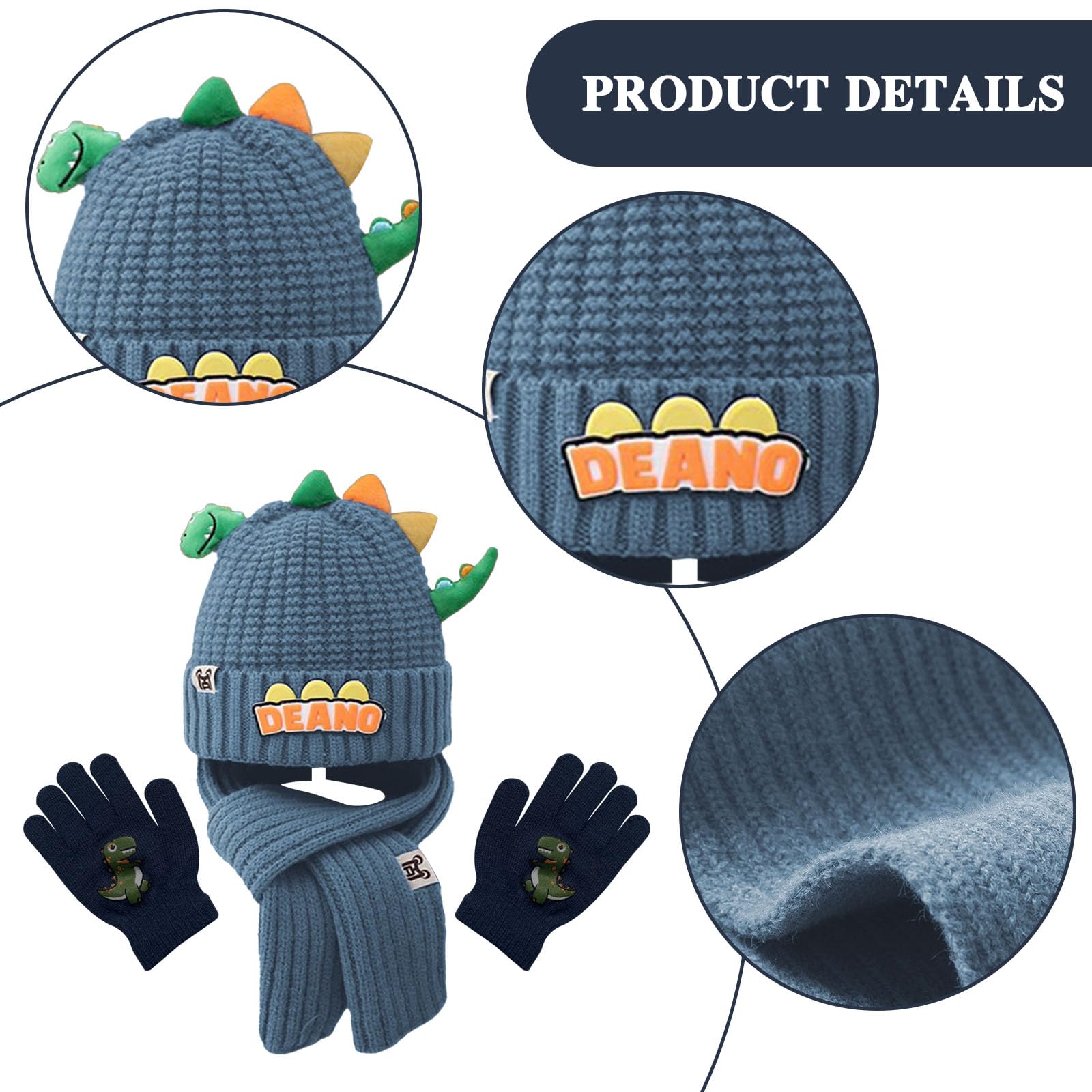 Conjunto Bufanda Gorro y Guantes Niño, Set de Gorra Bufanda Guantes Termicos Niño, 3 en 1 de Punto Gorras Beanie Bufandas Guante Termico, Diseño de Dinosaurios Lindo Gorros Scarf Winter Gloves
