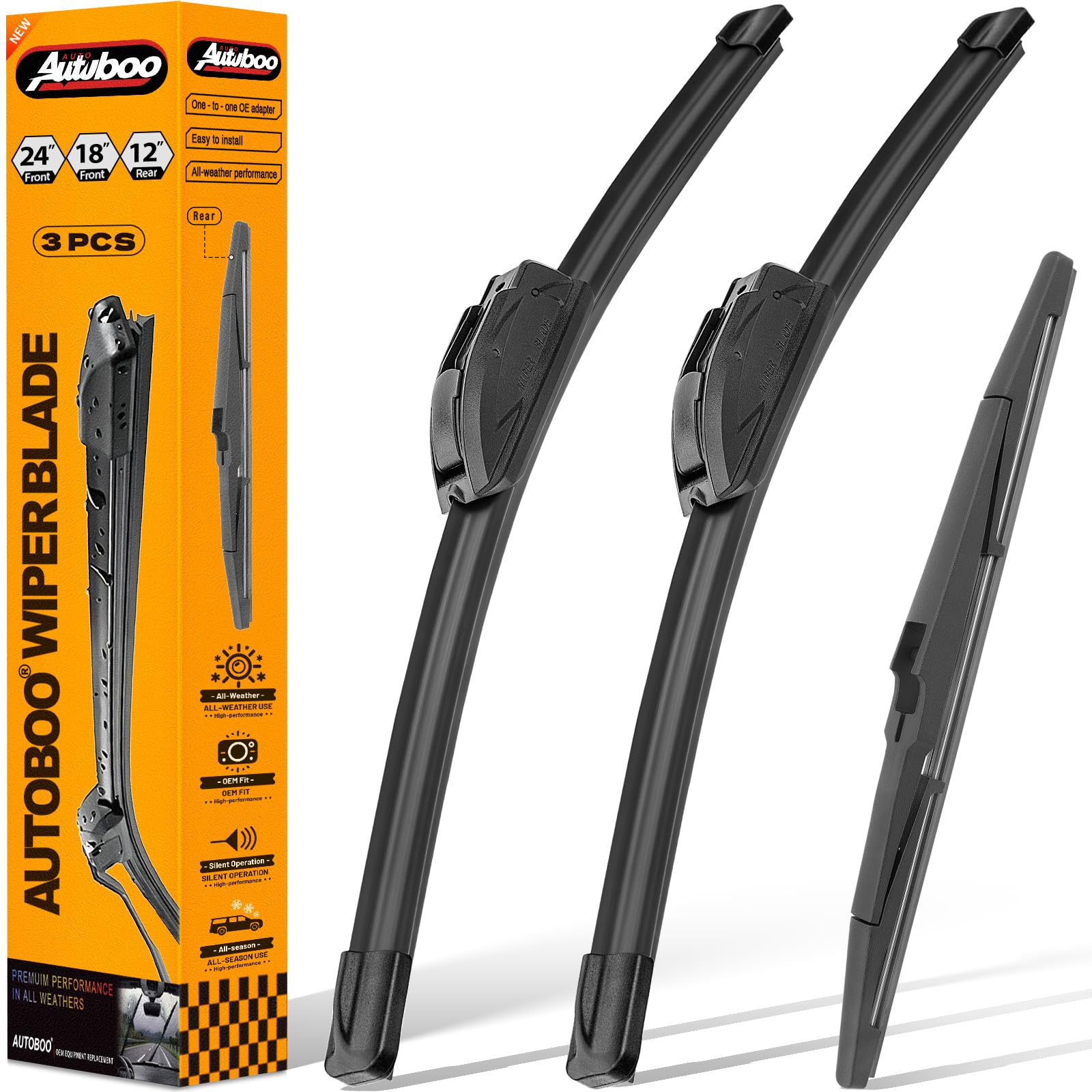 AUTOBOO Windshield Wiper Blade Replacement for Chevy Equinox GMC Terrain | Fits Equinox Terrain 2022–2025, 24"+18" front + 12" rear, 3-pack, OEM quality, all-season, easy install