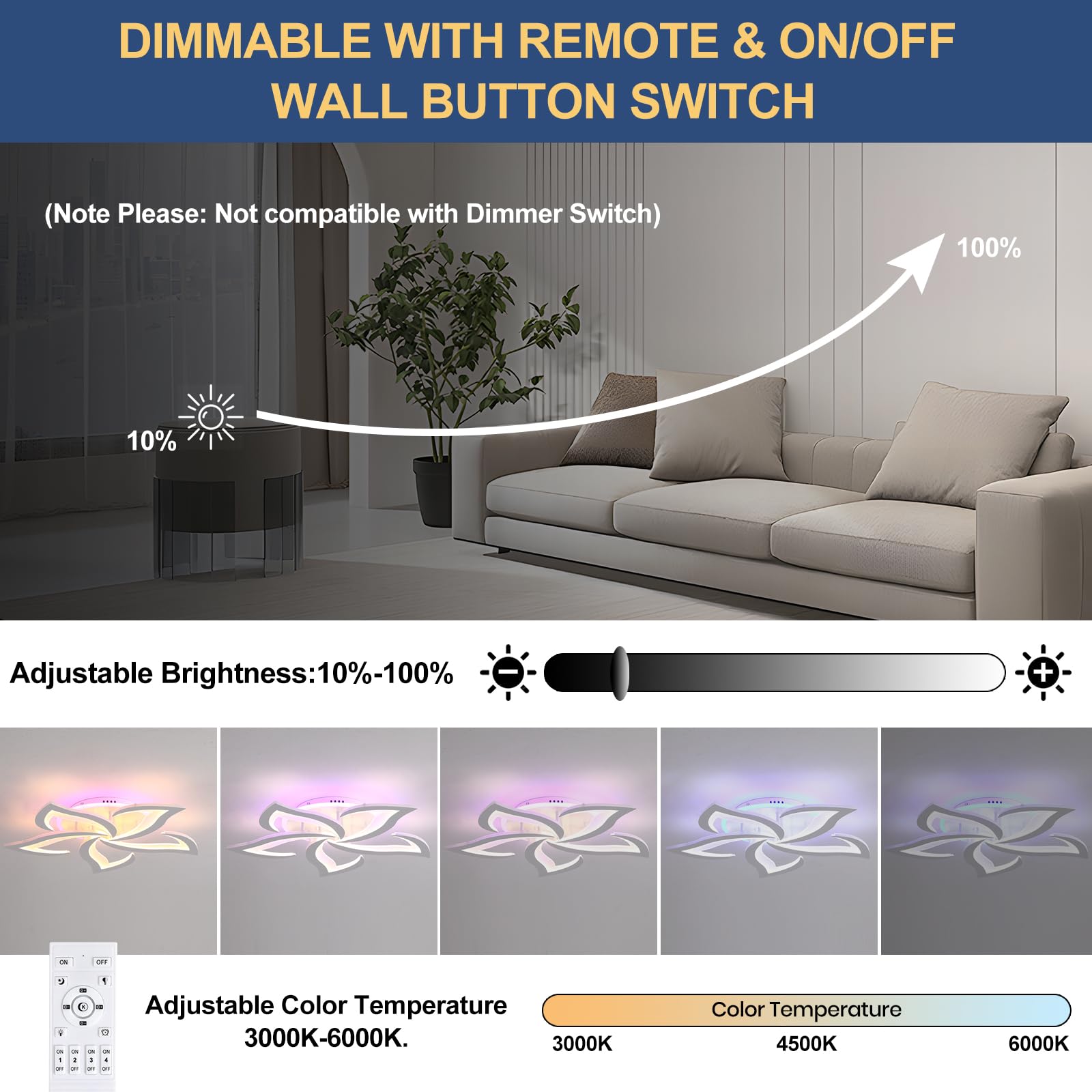 ZAITINZ Plafoniera Led soffitto dimmerabile 3000-6000 K,Lampadario led soggiorno con telecomando,50 W lampadario camera da letto moderno in petalo,Lampadario Led soffitto adatto per cucina e corrido
