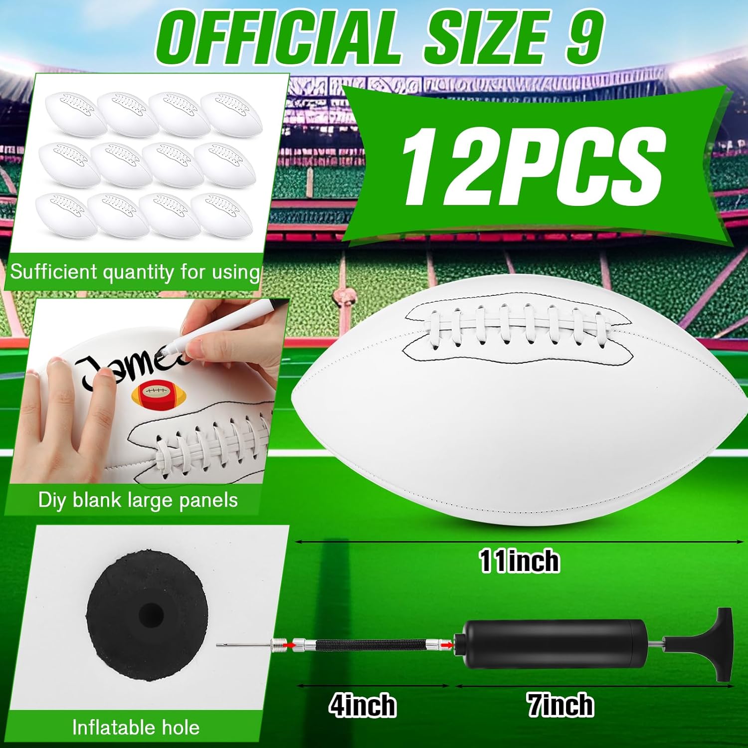 Seenelling 12 Pack Autograph Football Size 9 White Footballs Bulk with Air Pump Plain Smooth Glossy Finish for Autographs Signing Leisure Play Training Rugby Games Training Gifts