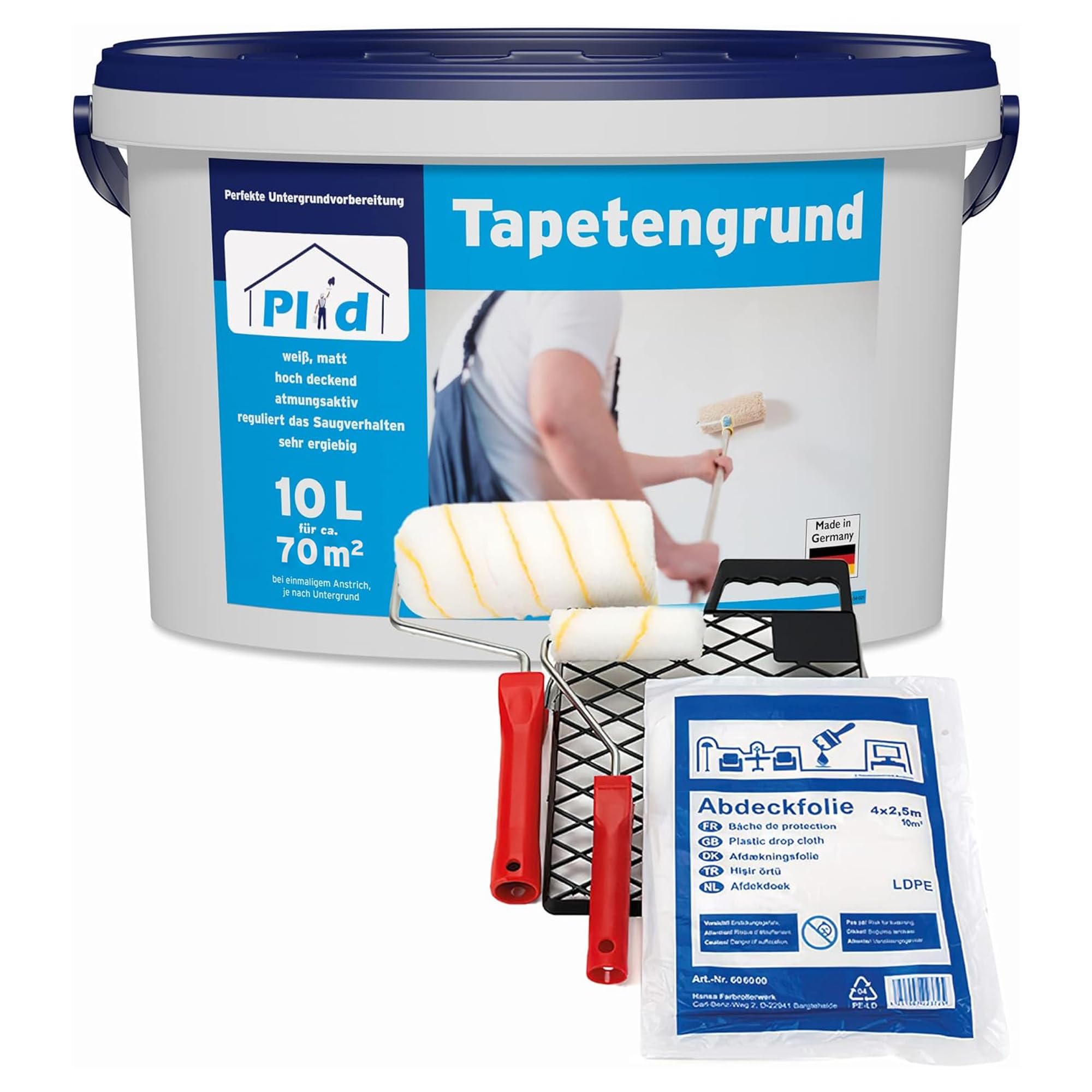 prinzcolor Premium grunt do tapet zestaw gruntujący do tapet biały 10 l podkład do tapet — zestaw do malowania