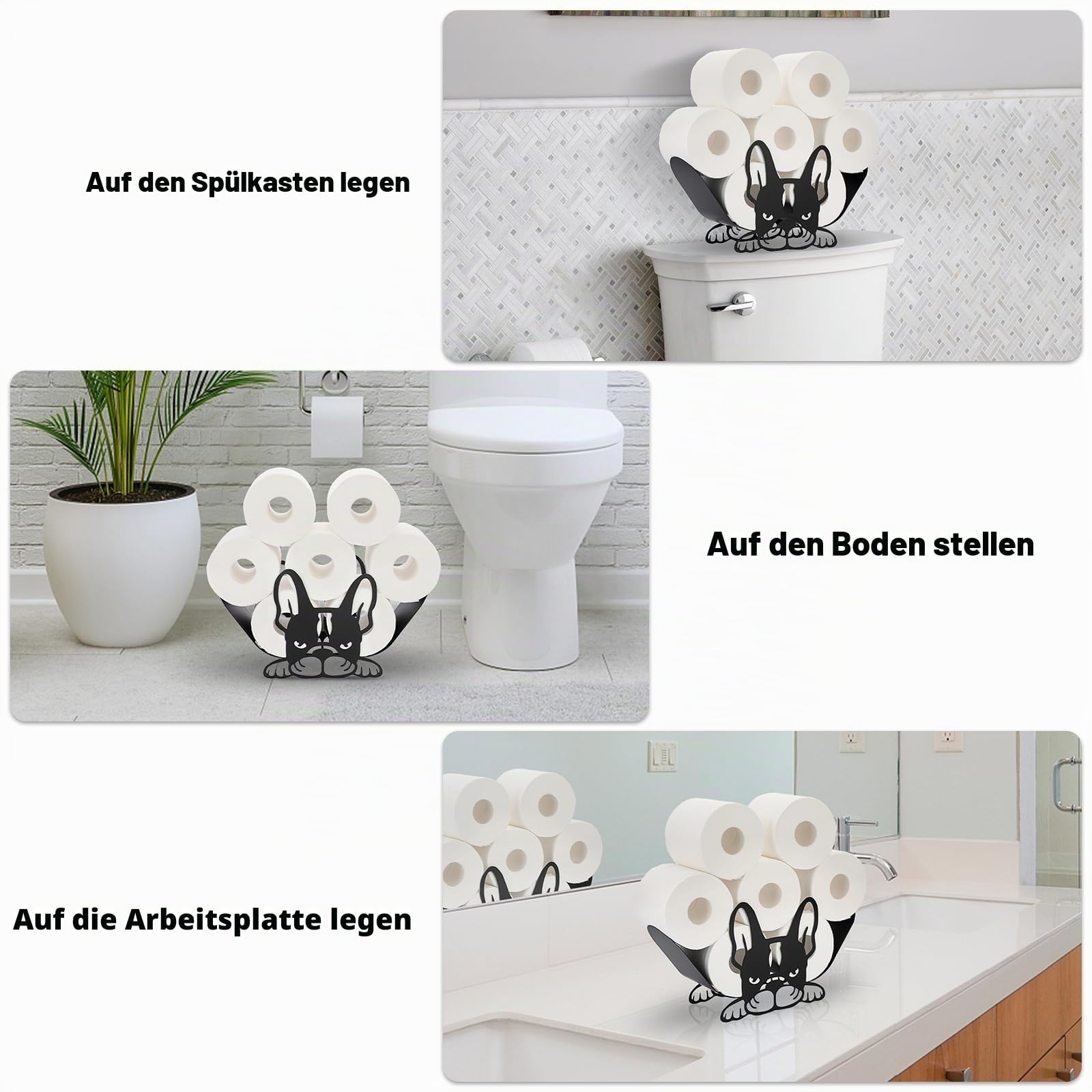 SUMNACON Schwarz Toilettenpapierhalter aus Metall WC Rollenhalter Stehend Toilettenpapierhalter Stehend Papierhalter Toilettenrollenhalter Ohne Bohren Dekoration für Badezimmer Küche Bulldogge-Form
