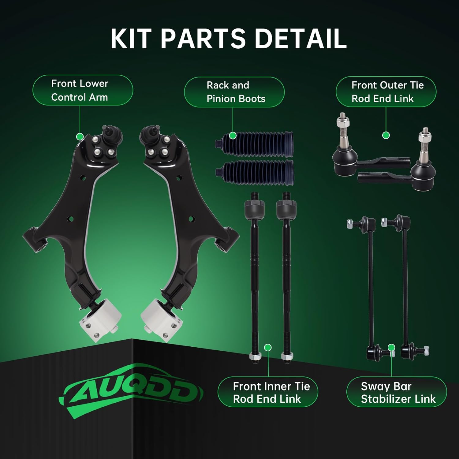 AUQDD 10Pc Front End Kit Fit For 2010-2017 Chevy Equinox, G-MC Terrain w/2.4L, 2 Lower Control Arm w/Ball Joint 2 Sway Bar Link 4 Outer Inner Tie Rod End (# 524-157 524-158 K750188 EV800648 ES800640)