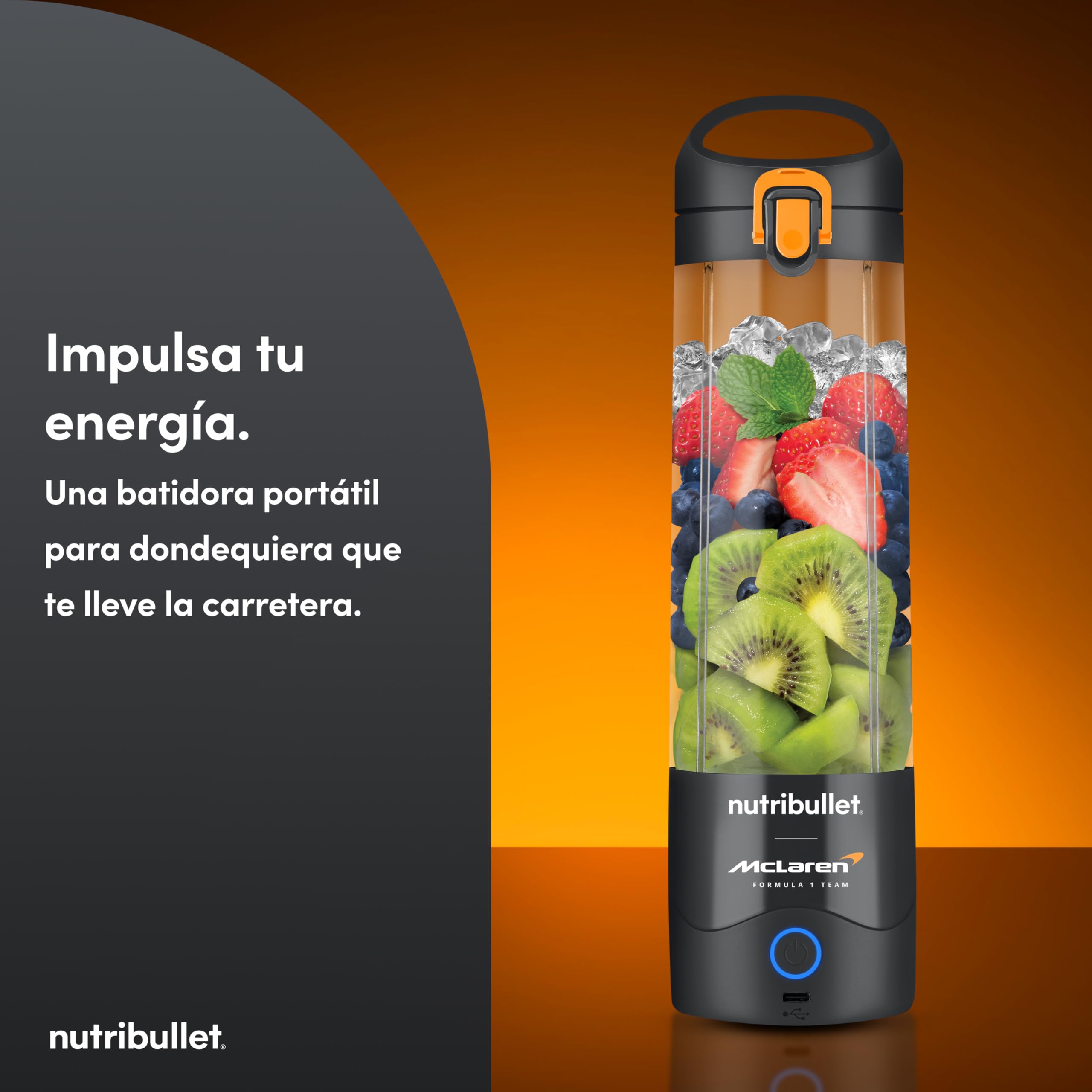 nutribulllet Portable x McLaren F1 Team - Batidora Portátil, Smoothie Maker Inalámbrico con Batería, Vaso de Tritan de 475 ml, USB-C, Tapa To-Go, Compacta y Ligera, Gris (NBP003GO-MC)