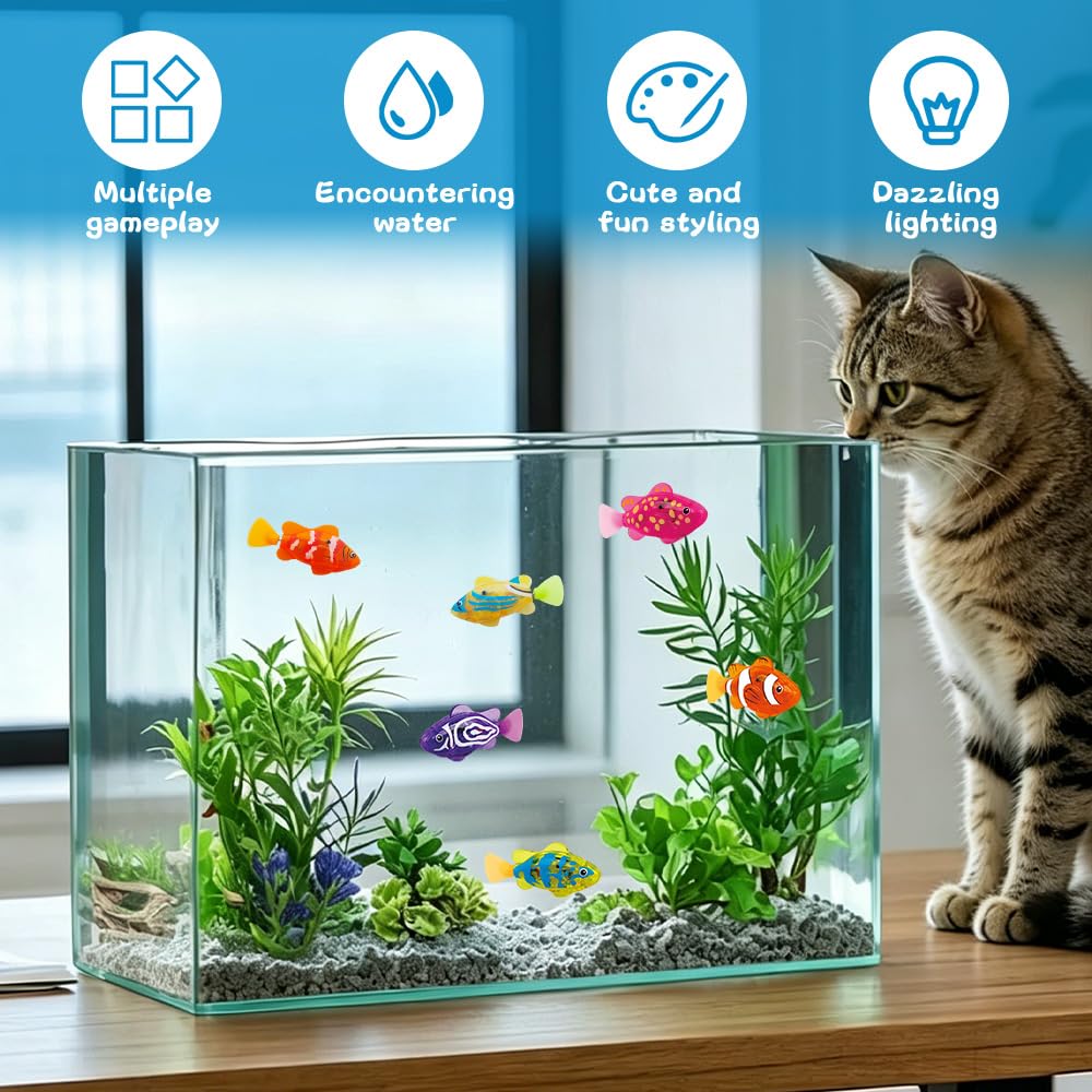 Robo Fish - 6 pesci robotici elettronici per animali domestici, con pesci galleggianti luminosi, giocattoli riutilizzabili per animali domestici, piscina, vasca da bagno, acquario
