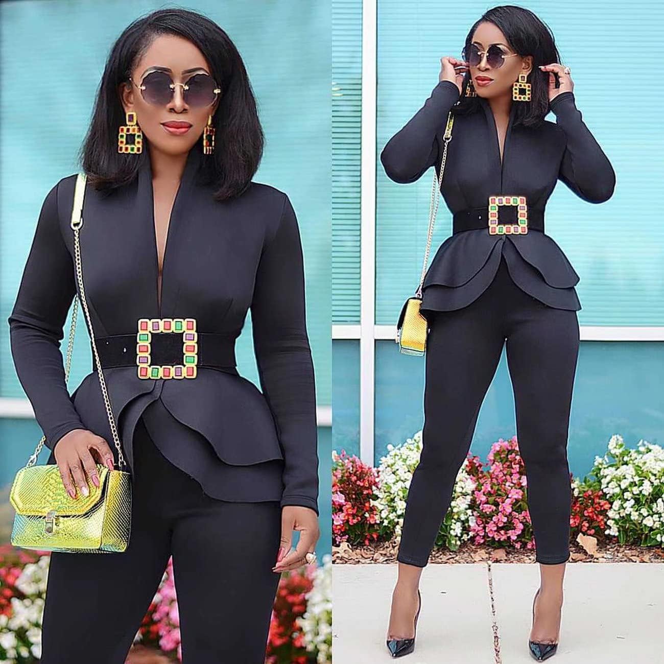 Remelon Women's Suit Sets 2 Piece Sets Sexy V Neck Business Casual Blazer Suit Pants Sets - Image 3