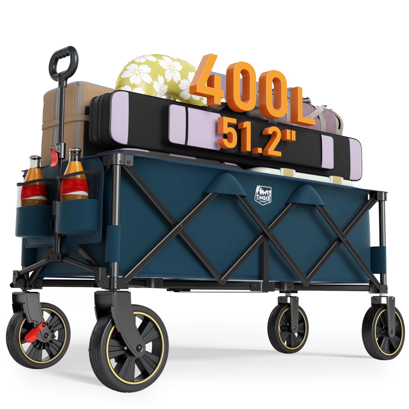 Timber Ridge 51.2'' Extended Collapsible Wagons Carts Foldable, 500LBS Heavy Duty Sports Wagon with Adjustable Handle, 400L Capacity Portable Cart for Camping Shopping