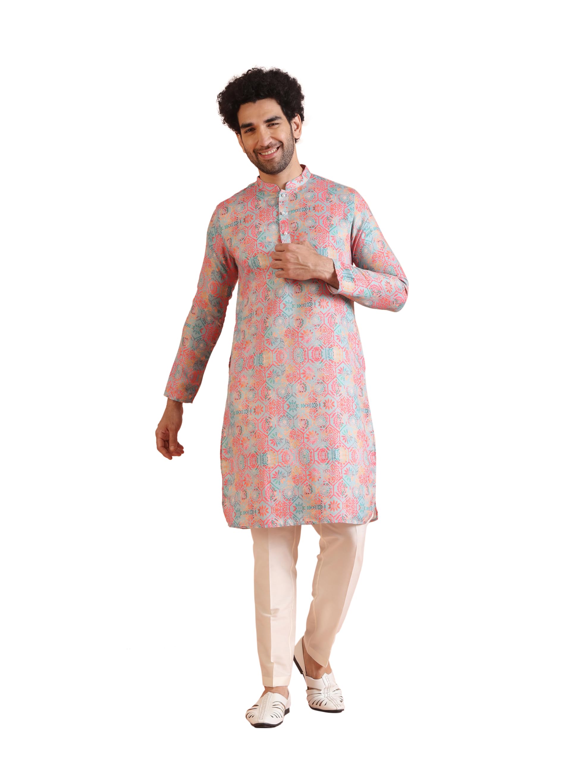 Kisah Men's Kurta Trouser Set, Multi Cotton Blend, Printed Regular Fit Mandarin Collar Long Sleeves (Large) Multicolour