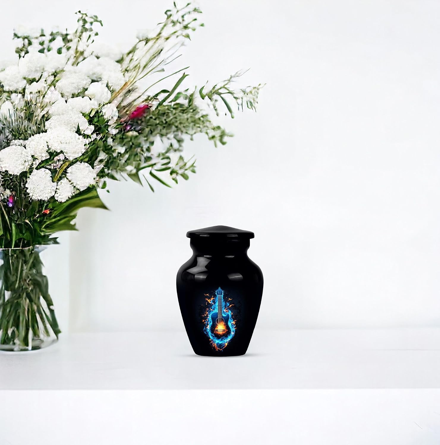 Lighting Guitar Decorative Urn, 3 Inch Urn for Ashes, Small Keepsake Urn for Human Ashes, Memorial Funeral Urn for Baby Ashes, Cremation Urn for Pet Ashes, Black Urn, Guitar Urn for Human Ashes
