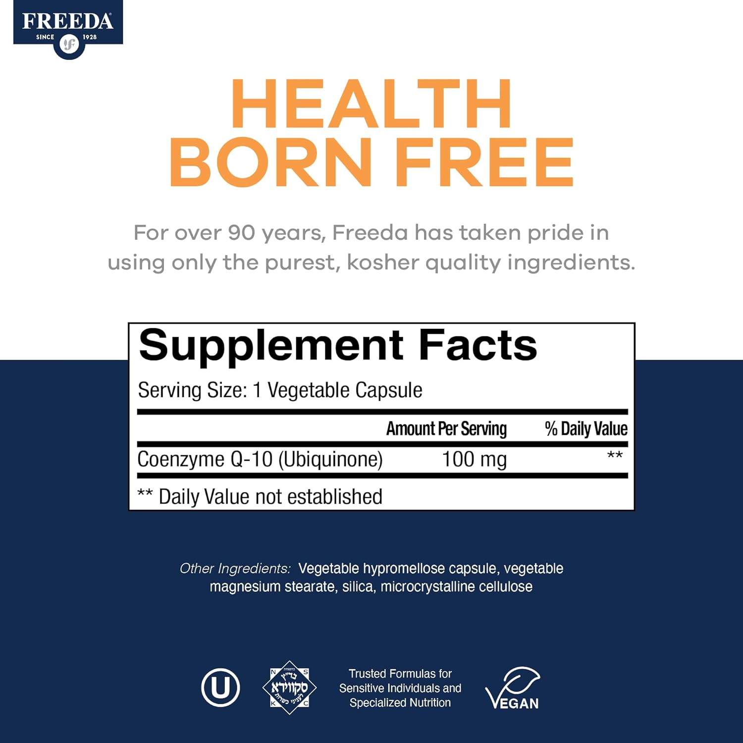FREEDA CoQ10 100mg - Kosher Coenzyme Q10 Dietary Supplement for Cardiovascular Heart Health, Blood Pressure Support, Oral Gum Health, and Healthy Aging - Pure CoQ10 Capsules, 100 Count