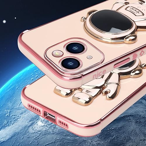 Miniatura 5 de Omio - Funda compatible con iPhone 15 con soporte oculto de astronauta, funda de lujo chapado en corazón con borde lateral, pequeño patrón de amor