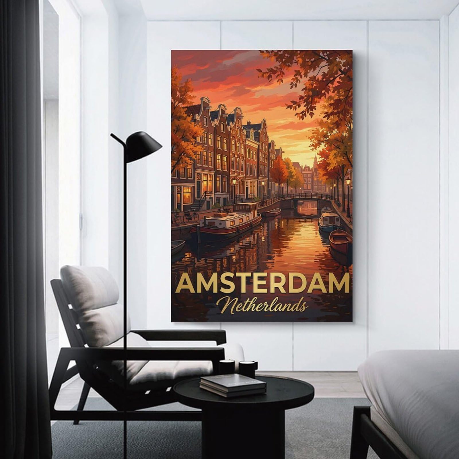 Junmoney Amsterdam Canal at Sunset Canvas Wall Picture, 24x36inch(60x90cm), for Front Hall, Corridor Or Welcome Spaces, Wall Decor to Refresh Empty Corners
