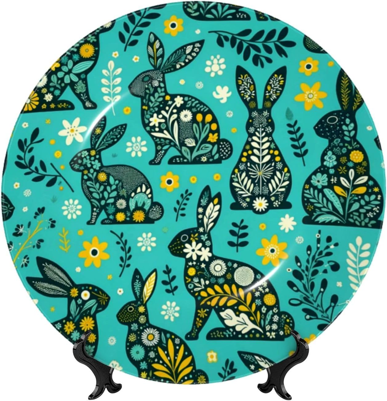 Rabbit-Flowers-Abstract 10 Inch Decorative Plate With Stand, Elegant Display Wall Plate For Home Decor