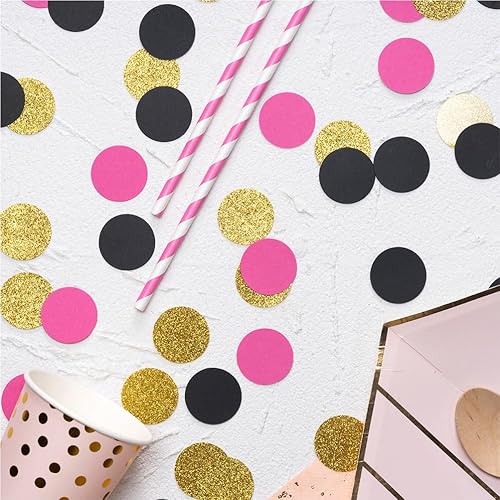 Miniatura 2 de Decoración de mesa de confeti dorado negro y rosa intenso para graduación, cumpleaños, despedida de soltera, fiesta temática, 1.2 pulgadas de