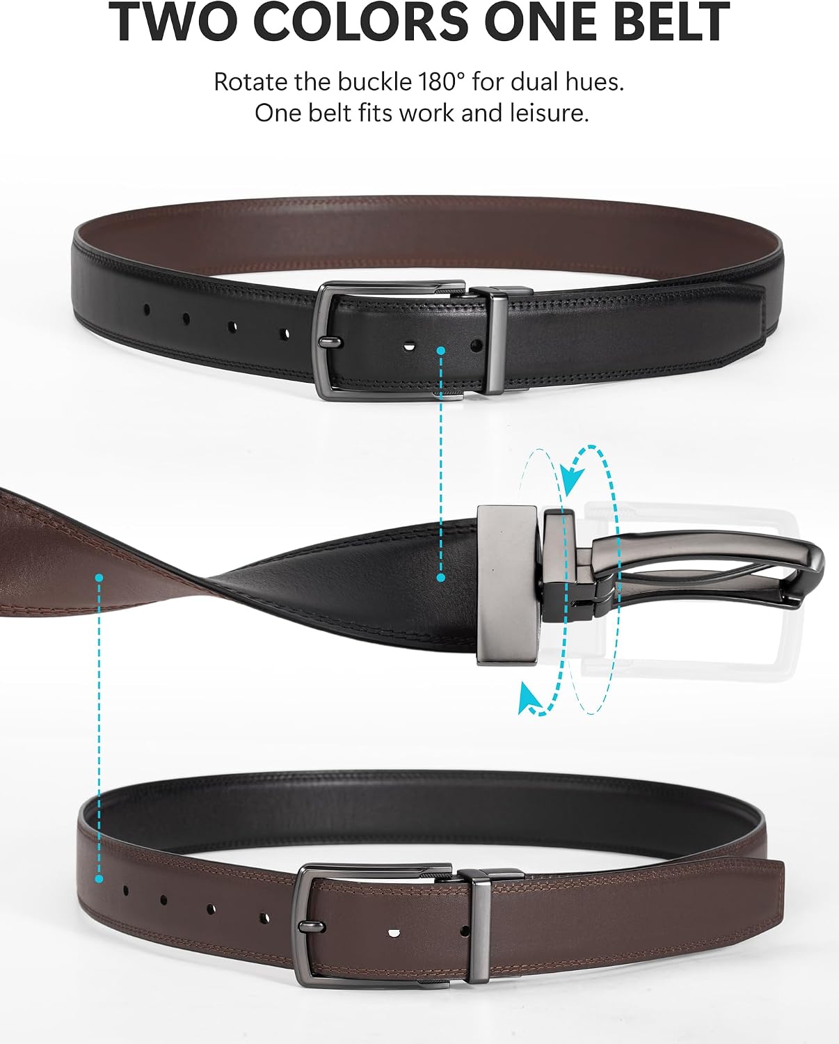 Mens Reversible Dress Belt–2-in-1 Double Face Full Grain Leather with Swivel Buckle, No Plastic Core–Gift Box