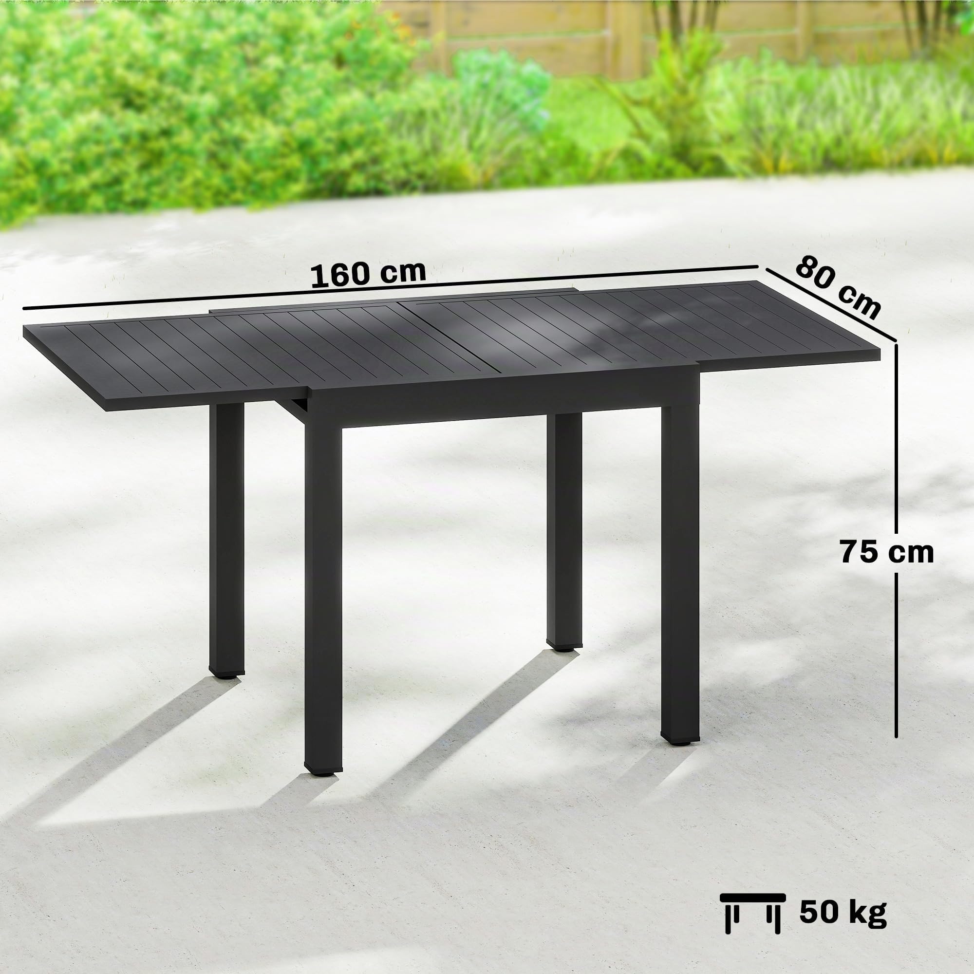 Outsunny Mesa de jardín Extensible para 4-6 Personas 80/160x80 cm Negro | Mesa comedor/balcón rectangular aluminio con tablero lamas, resistente intemperie, para jardín, balcón, terraza.