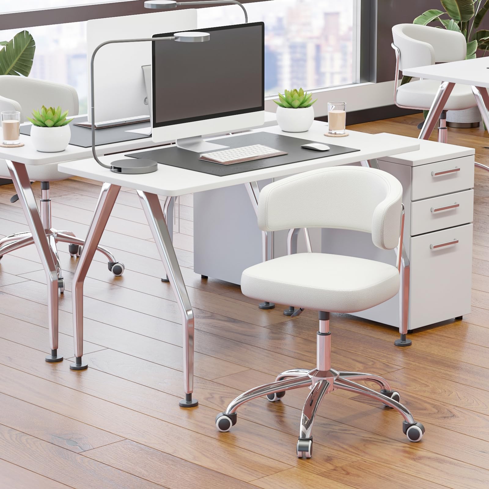 Silla de Oficina con Altura Ajustable, Ideal como Silla Tocador con Respaldo Curvo, Silla Giratoria de PU, Capacidad de Carga hasta 150 kg, Silla de Escritorio para Oficina y Dormitorio, Blanco