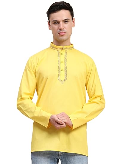 Men's Cotton Embroidered Short Casual Kurta Shirt