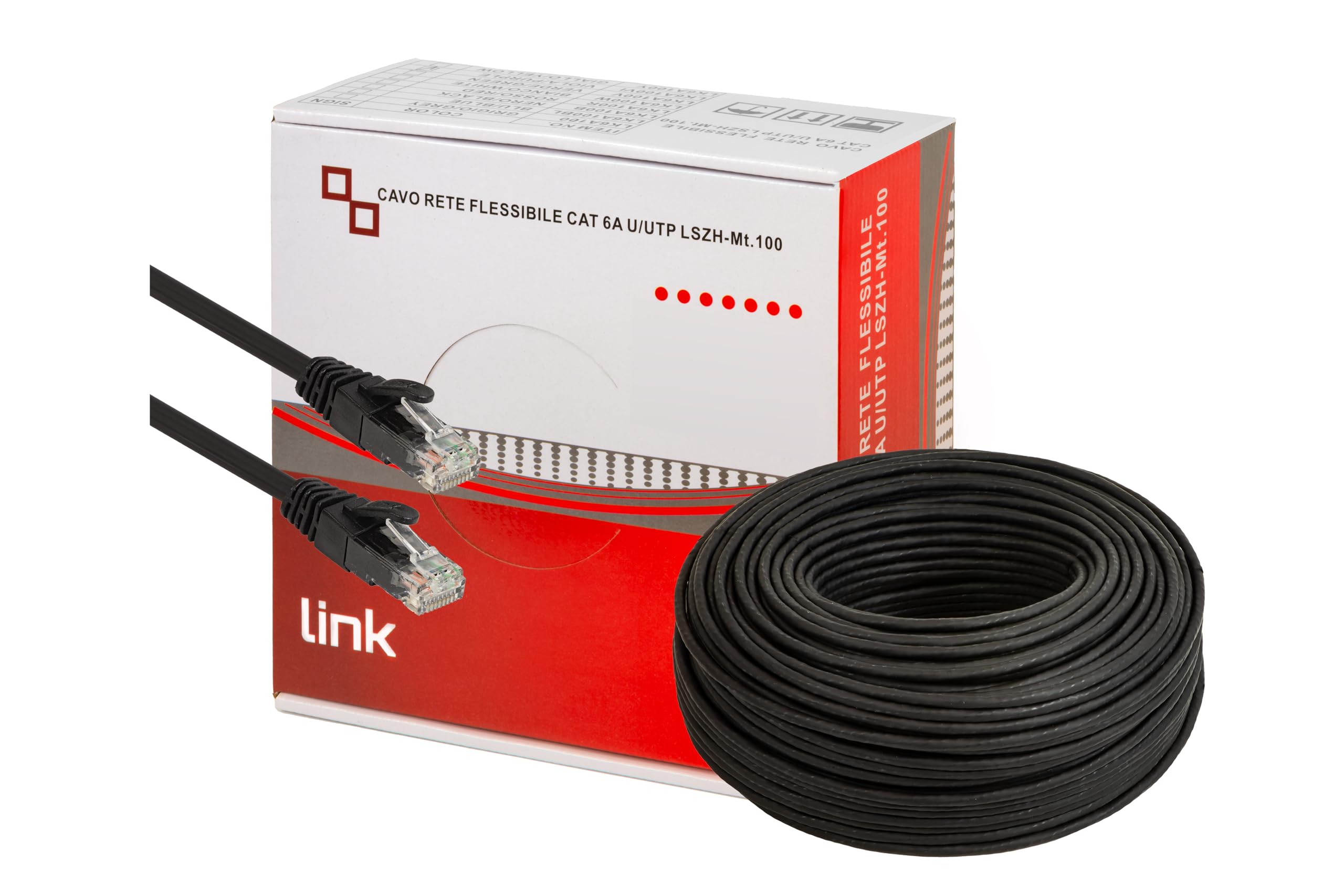 LINK LK6A100BL - Matassa Cavo di rete categoria 6A U/UTP LK6A100BL (100 metri, nero) – Guaina LSZH a bassa emissione di fumo – Conduttori in rame AWG24 con 2 connettori RJ45 preinstallati