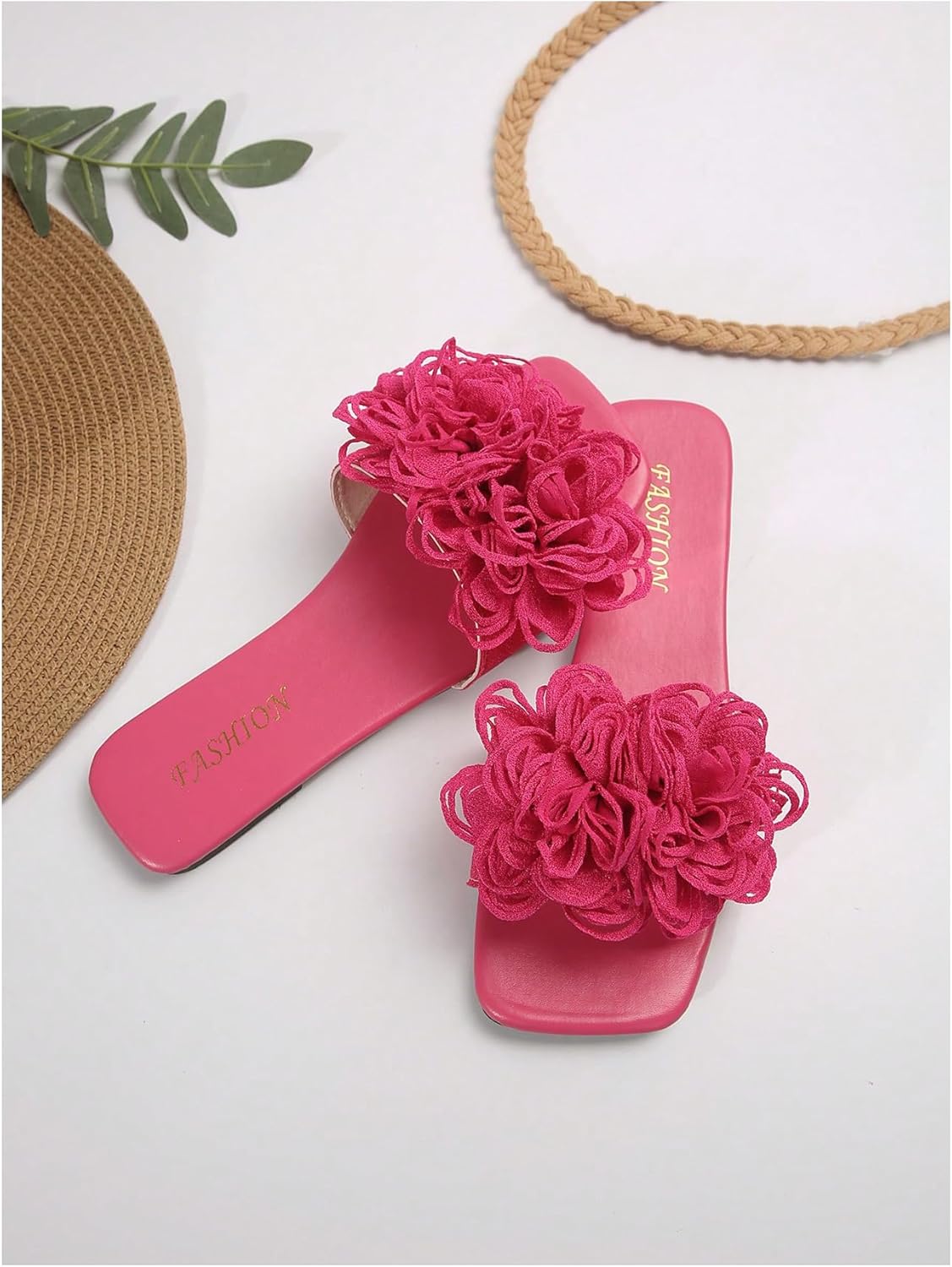 OYOANGLE Women's 3D Floral Flat Sandals Square Open Toe PU Leather Slip on Slides - Image 4